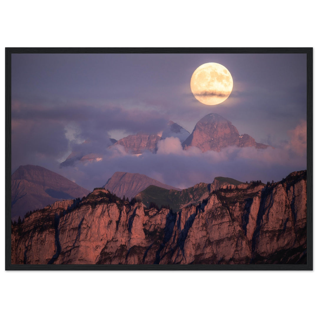 NOCTURNE | Full moon rising over Wetterhorn in the Bernese Alps - Premium Matte Paper Wooden Framed Poster