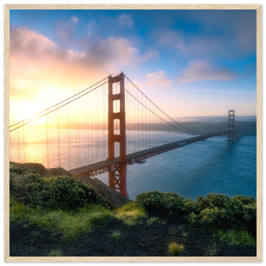GOLDEN GATE SUNRISE | The Bridge To San Francisco California - Premium Wooden Framed Poster