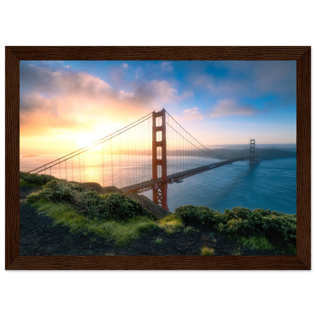 GOLDEN GATE SUNRISE | The Bridge To San Francisco California - Premium Wooden Framed Poster