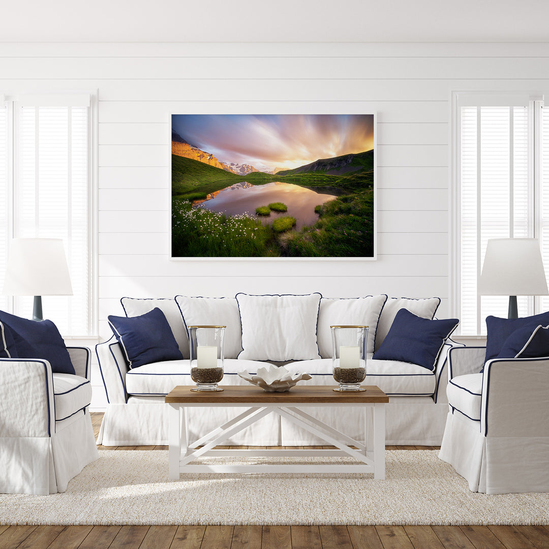 KARUNA | Idyllic Mountain Lake And Long Exposed Clouds - Premium Matte Paper Wooden Framed Poster