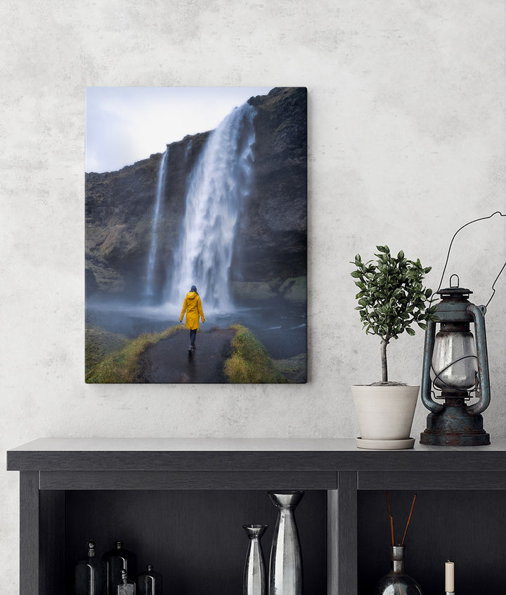 ICELAND | Girl in front of Seljalandsfoss waterfall - Aluminum, Canvas, Poster Print