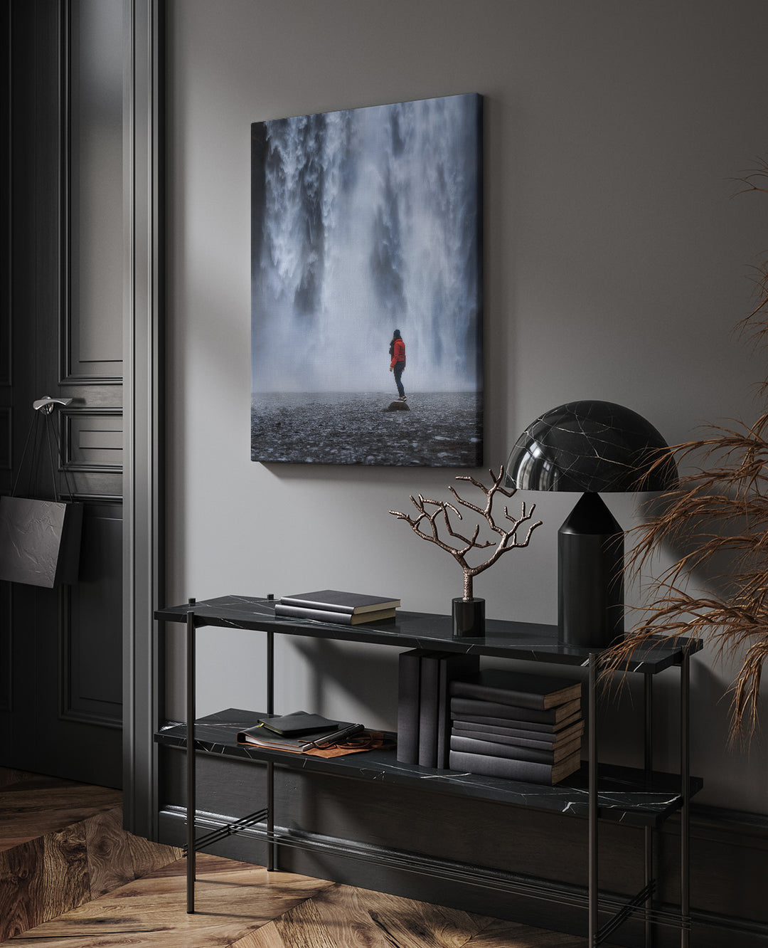 ICELAND | Girl standing at  Skogafoss waterfall - Aluminum, Canvas, Poster Print