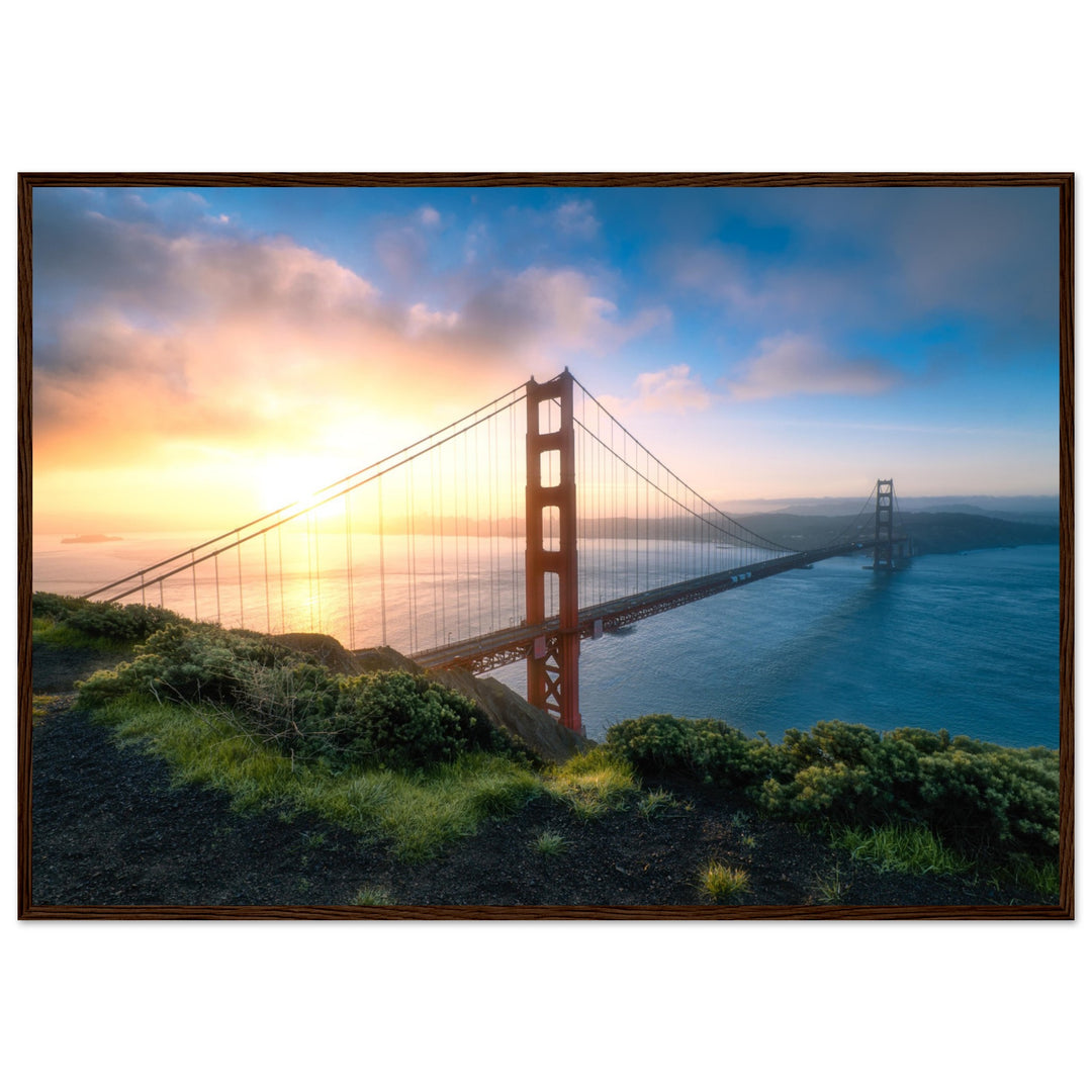 GOLDEN GATE SUNRISE | The Bridge To San Francisco California - Premium Wooden Framed Poster