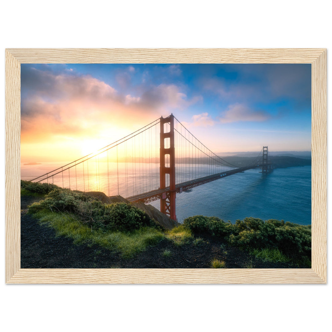 GOLDEN GATE SUNRISE | The Bridge To San Francisco California - Premium Wooden Framed Poster