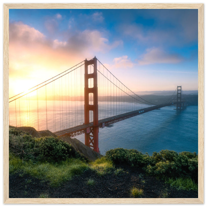 GOLDEN GATE SUNRISE | The Bridge To San Francisco California - Premium Wooden Framed Poster