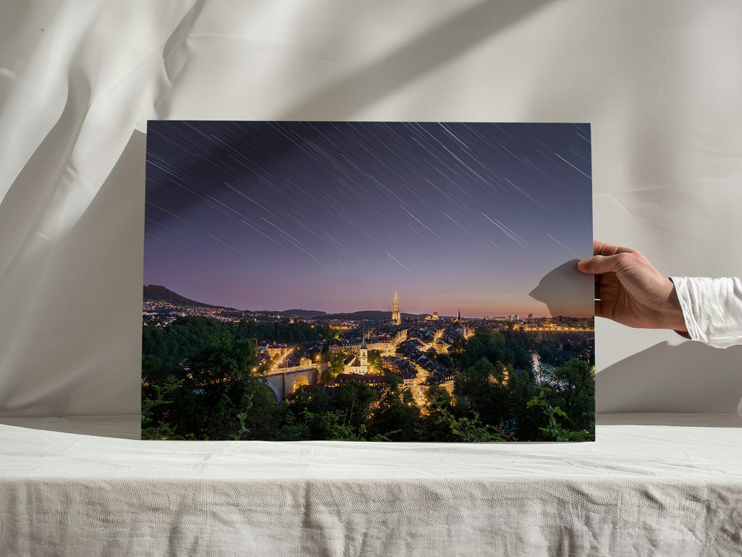 WRITTEN IN THE STARS | Startrails and Bern city at night - Aluminum, Canvas, Poster Print