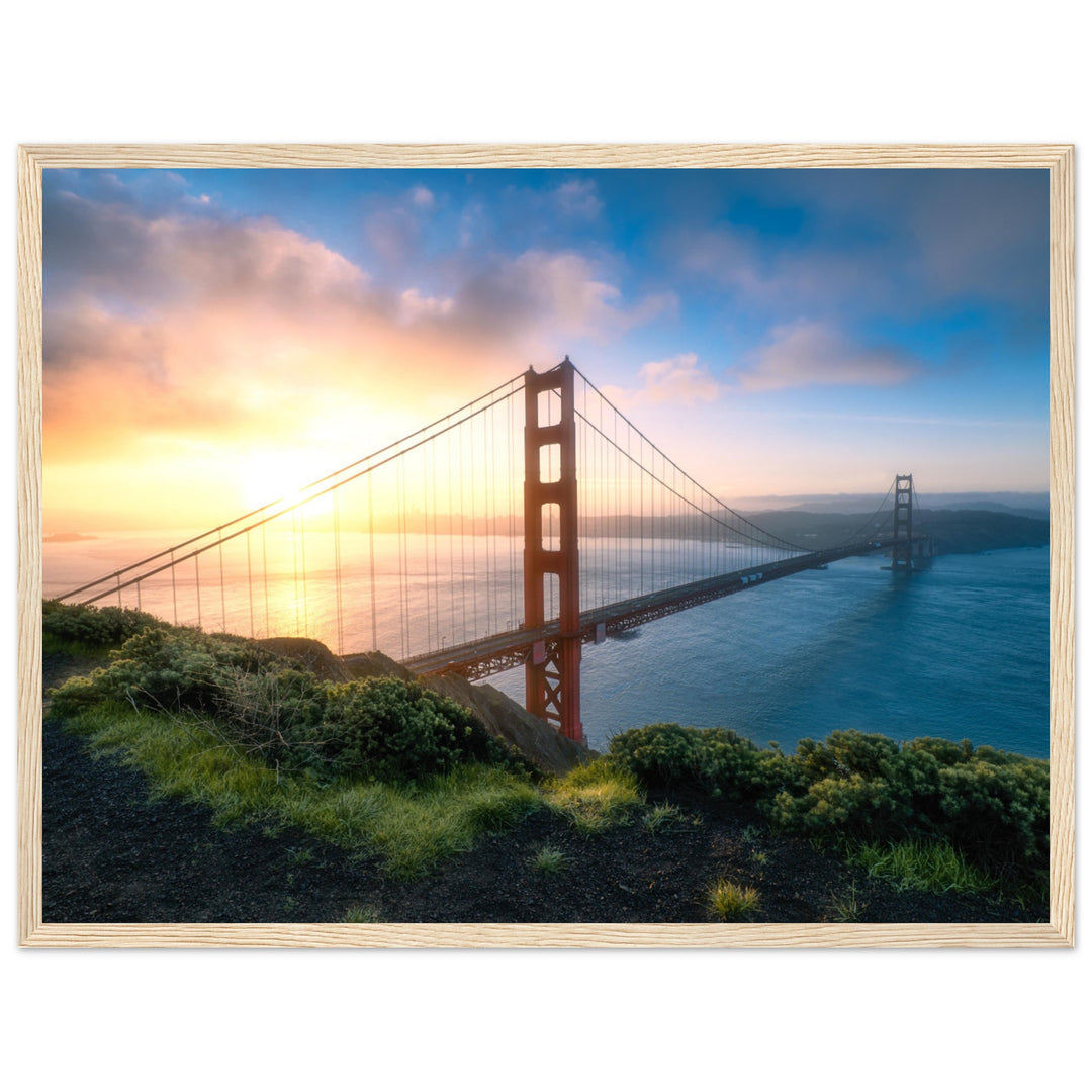 GOLDEN GATE SUNRISE | The Bridge To San Francisco California - Premium Wooden Framed Poster