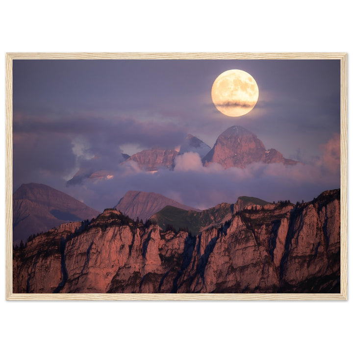 NOCTURNE | Full moon rising over Wetterhorn in the Bernese Alps - Premium Matte Paper Wooden Framed Poster