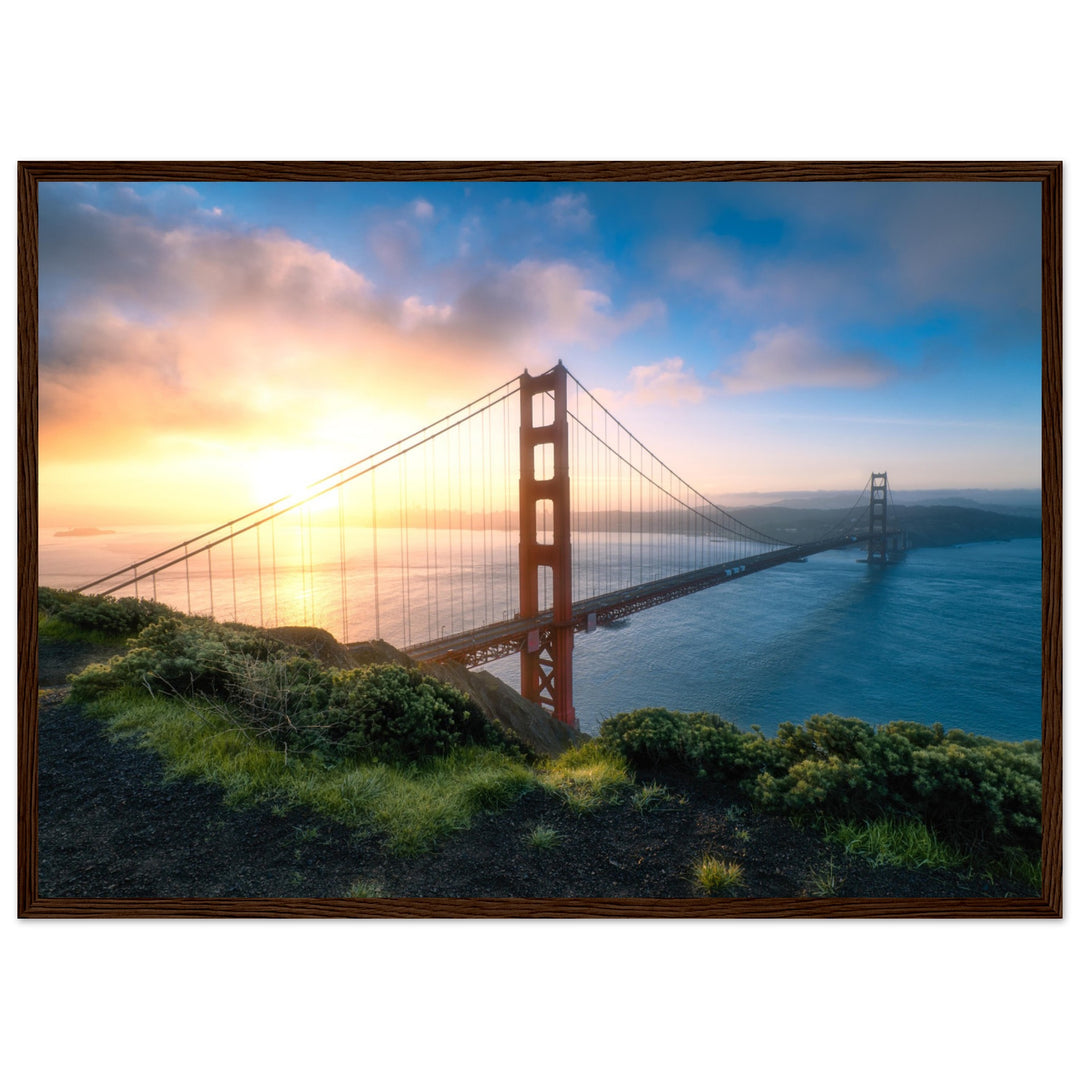 GOLDEN GATE SUNRISE | The Bridge To San Francisco California - Premium Wooden Framed Poster