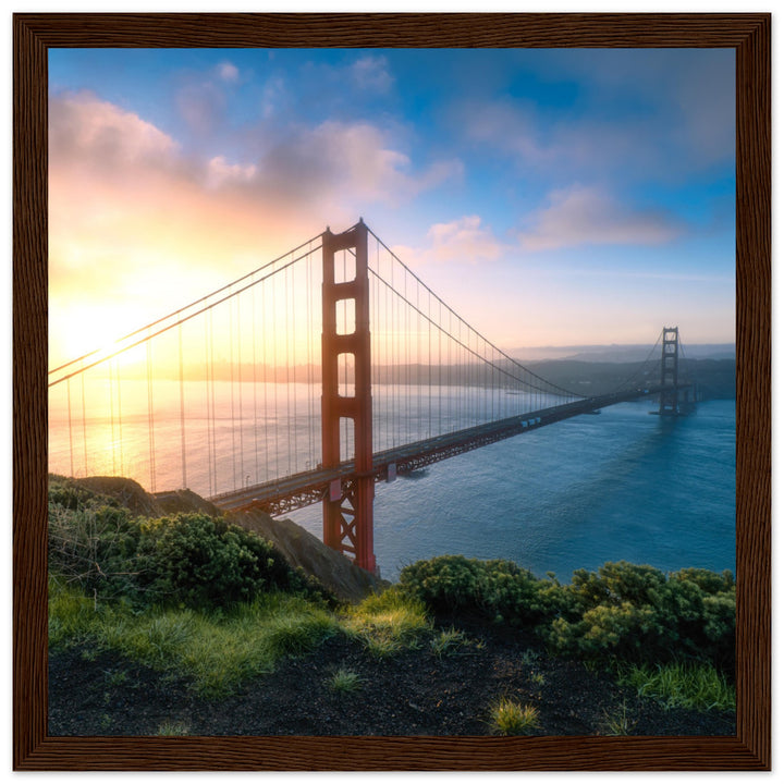 GOLDEN GATE SUNRISE | The Bridge To San Francisco California - Premium Wooden Framed Poster